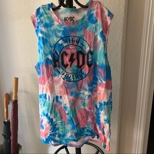 AC/DC Tie Dye Tank Pink Blue Sleeveless Tee Large